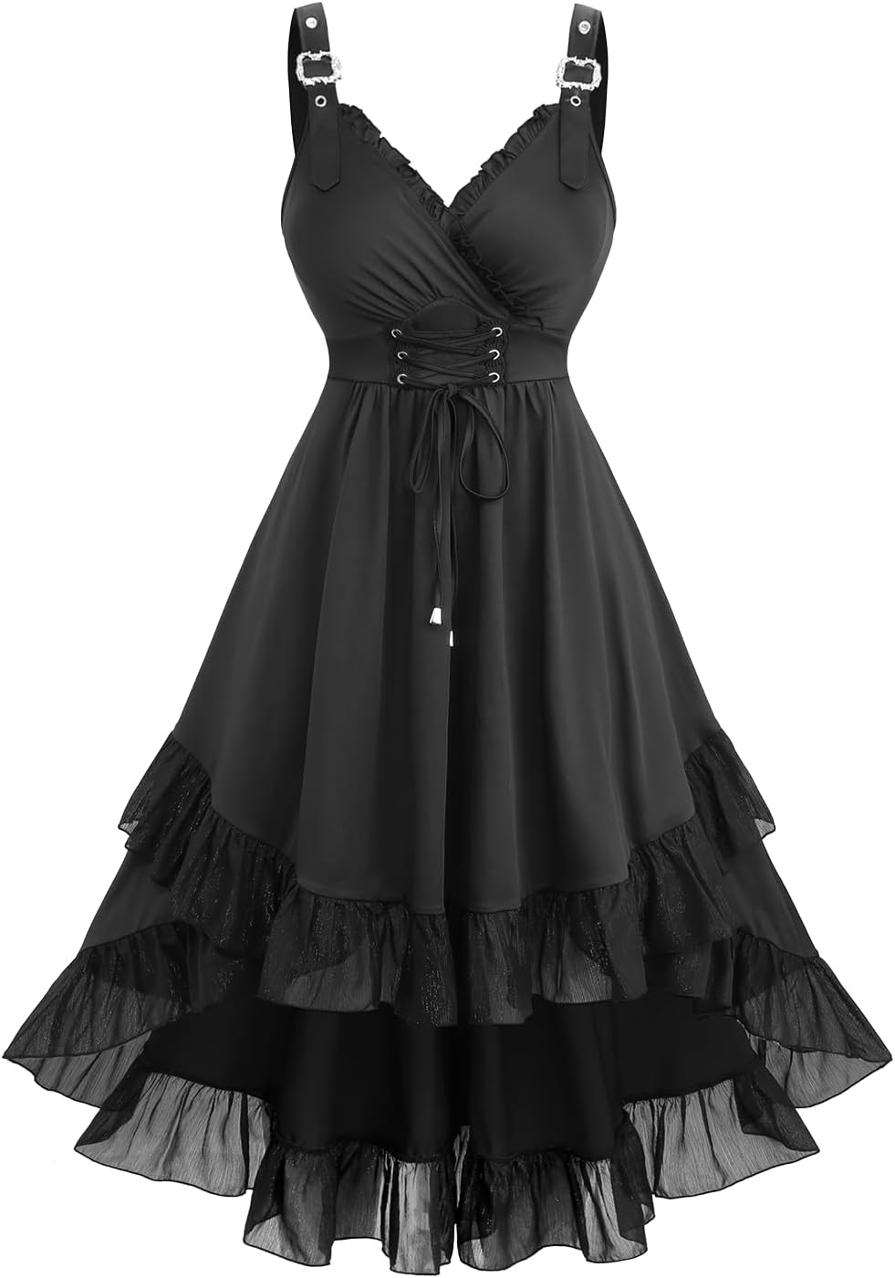 ROSE GAL Plus Size Romantic Goth Sleeveless Dress for Women Lace-up Layered Ruffle High Low Hem Maxi Flowy Tank Dress