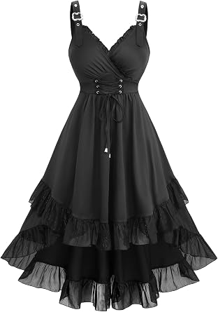 ROSE GAL Plus Size Romantic Goth Sleeveless Dress for Women Lace-up Layered Ruffle High Low Hem Maxi Flowy Tank Dress