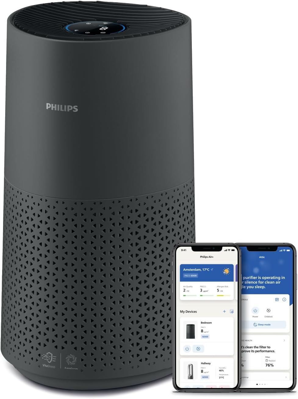 PHILIPSAir Purifier 1000 Series, Purifies Rooms up to 1.118 ft² (in 1h),149 CMF CADR,HEPA & Active Carbon Filter,AHAM and Energy Star Certified,99.99% allergen removal,Connected, AC1715/41, Dark Gray