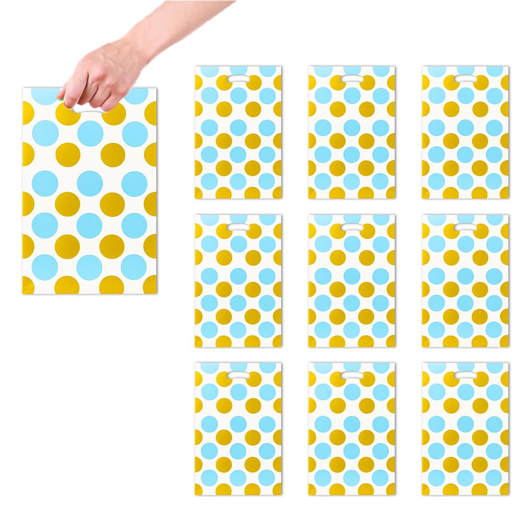 Wanna Pack of 20 Blue and Gold Polka Dot Favor Bags Goodie Bags Polka Dots Candy Pouches with Handle for Birthday Back to School Baby Shower Supplies Decor-image-3