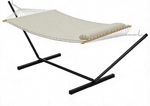 OUTLANE 2 Person Portable Hammock with Stand, Double Hammock with Pillow and Adjustable Steel Stand for Outdoor Relaxation, Patio, Garden, Beach, Backyard