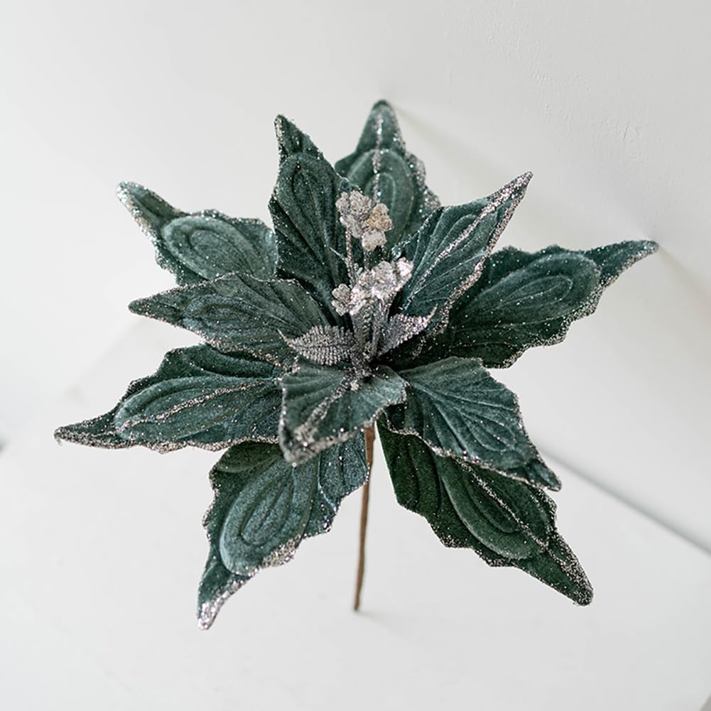 vctops 6 fiori glitterati natalizi da 27 cm, per albero di Natale, ghirlanda di fiori artificiali a forma di stella di Natale, Capodanno, matrimoni, feste, vacanze, decorazioni fai da te, verde
