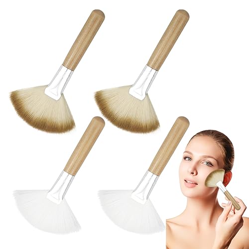 Paquete de 4 cepillos de abanico para mujer, cepillo de cerdas suaves para resaltar la cara, cepillo para rubor con mango largo, cepillos