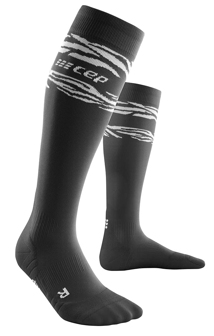 CEP Animal Compession KNEE - Calze al ginocchio da uomo, a compressione in nero con motivo tigre bianche