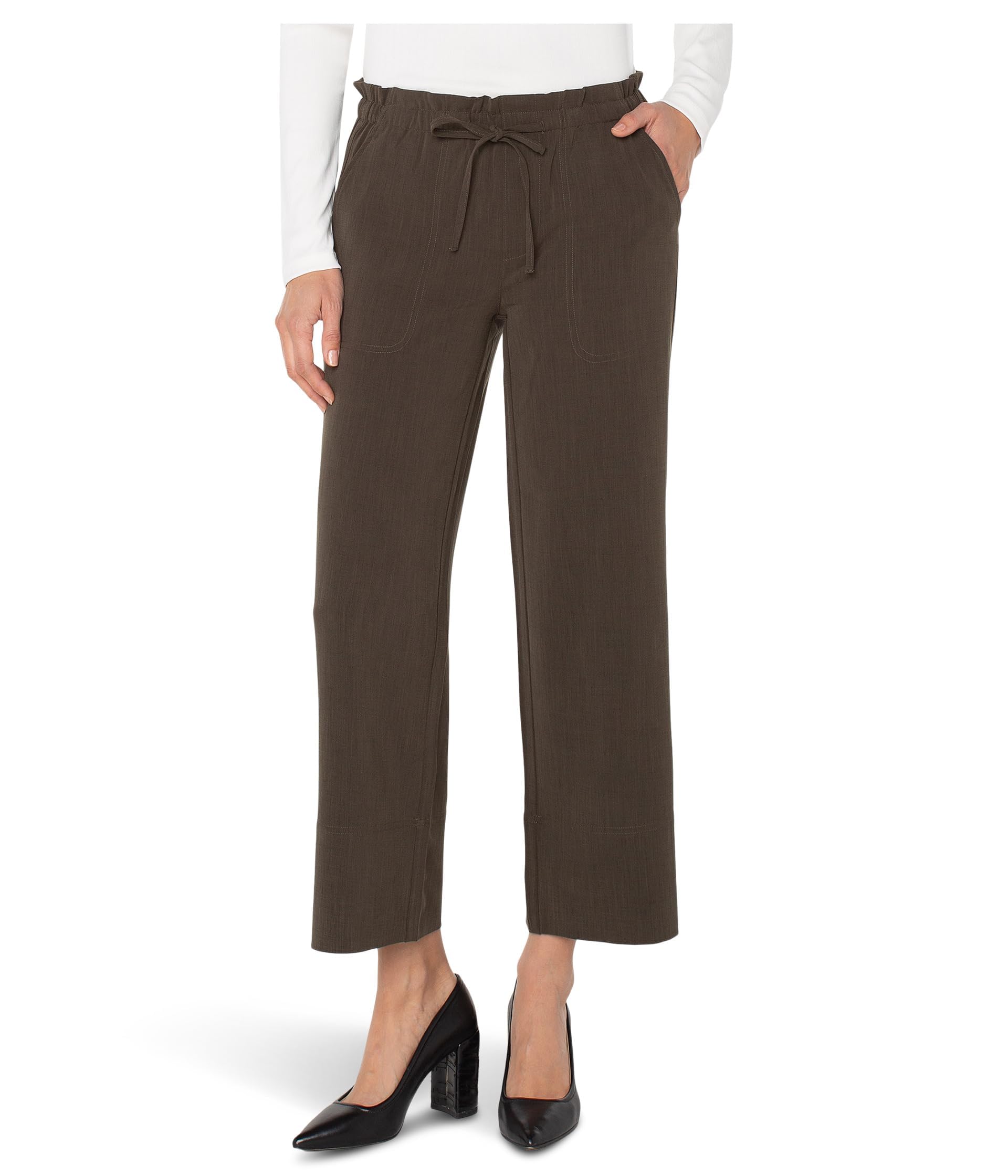 Liverpool Womens Petite Pull on Tie Waist Wide Leg Ankle Pants