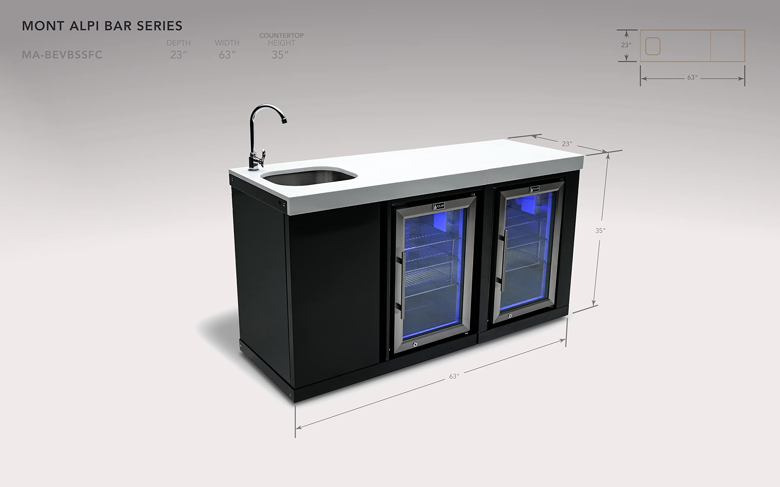 Mont Alpi Bar Series MA-BEVBSSFC Modular Black Stainless Steel Double Outdoor Rated Refrigerator Wine Cooler Beverage Center with Granite Countertops with Blue LED Lighting + Faucet & Sink on Fridge.com