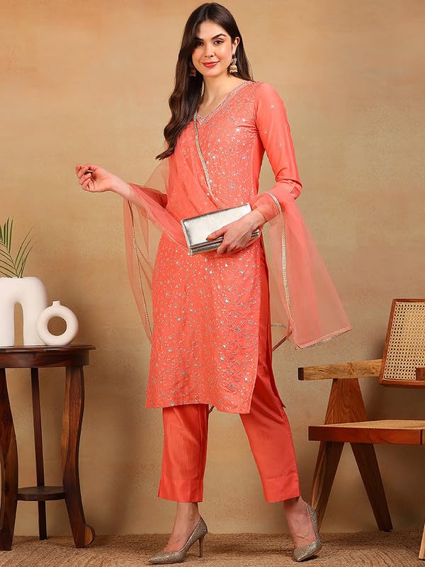 Image of Vaamsi Women's Silk Blend Floral Embroidered Straight Kurta Pant With Dupatta With Cotton Inner