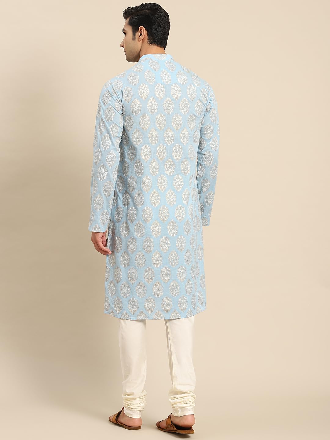 Kisah Mens Kurta, Cotton Blend Block Print Mandarin Collar Long Sleeves, Blue Ethnic Wear For Men, 38