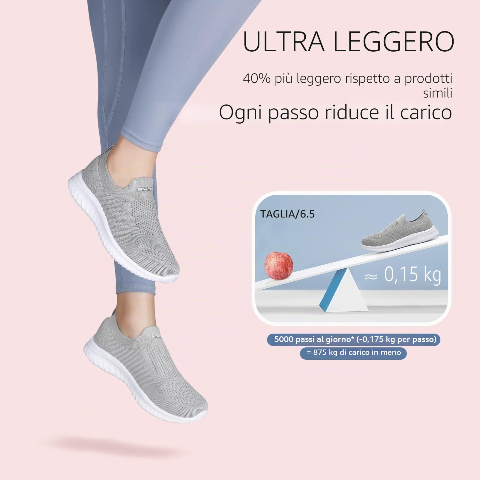 STQ Sneakers Donna Scarpe Senza Lacci Running Ginnastica Comode Tennis Camminare Memory Foam Palestra Memory Foam Scarpe Grigio 41 EU