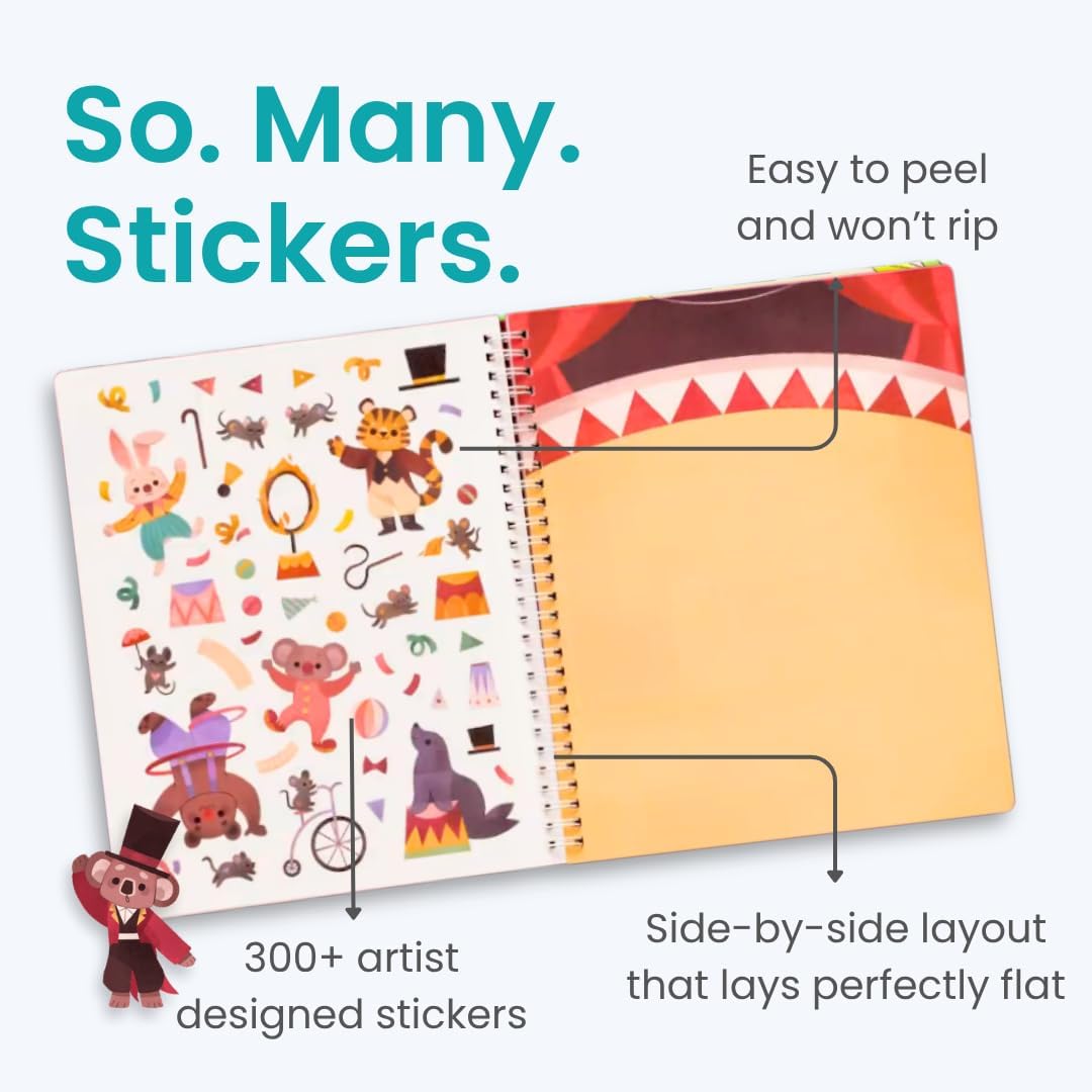 Circus Show 300+ Kids Sticker Book by Cupkin Toddler Airplane Travel Coloring and Sticker Book, 8 Coloring Pages 8 Side by Side Scenes for Children's of 2-8 Years, Easter Gifts for Kids - Image 2