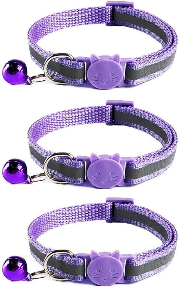 3x Reflective Design Adjustable Cat Collars More Safety Quick Release Safety Buckle with Bell (Purple)