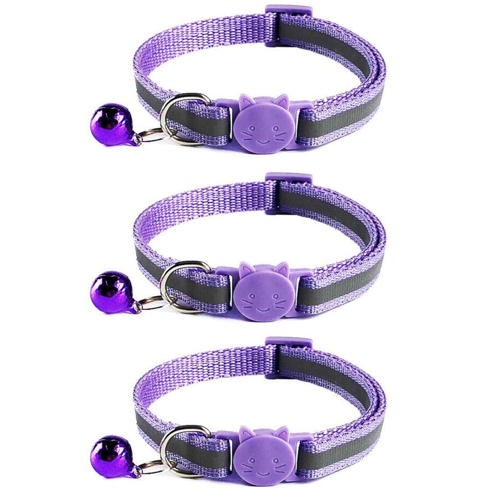Tafeiya 3x Reflective Design Adjustable Cat Collars More Safety Quick Release Safety Buckle with Bell (Purple)