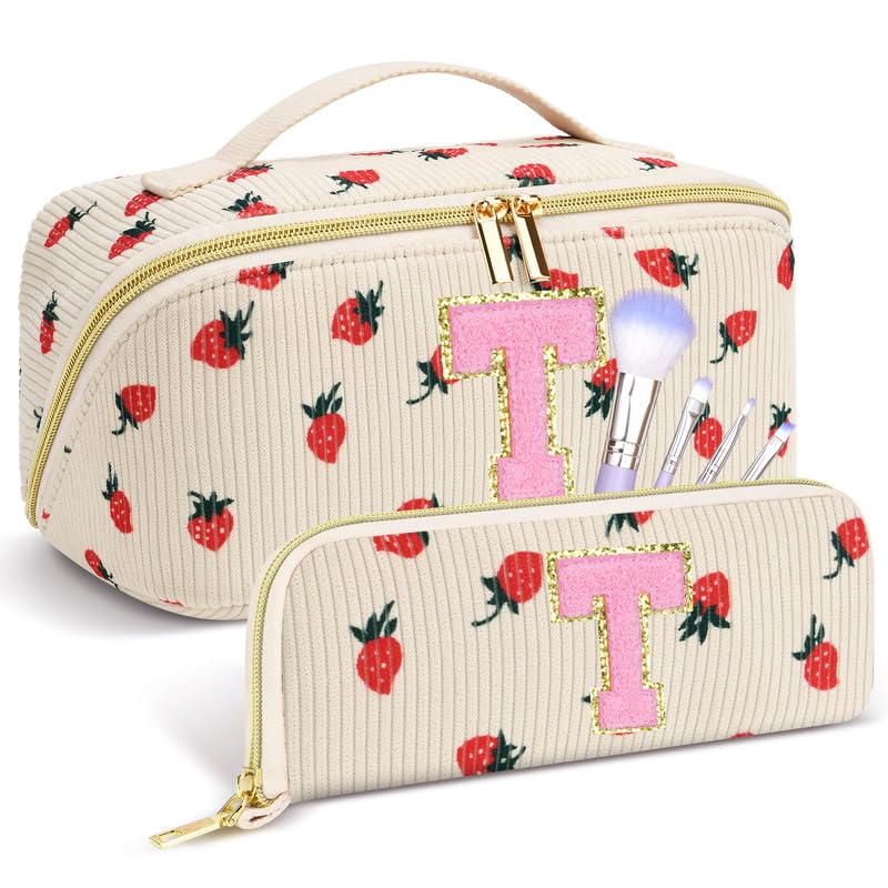 Personalized Travel Makeup Bag Set,Initial Travel Cute Strawberry Makeup Organizer Bag,Toiletry Skincare Cosmetic Bag Gifts for Women/Girls,Open Flat Toiletry Pouch with Brush Pocket-Strawberry T