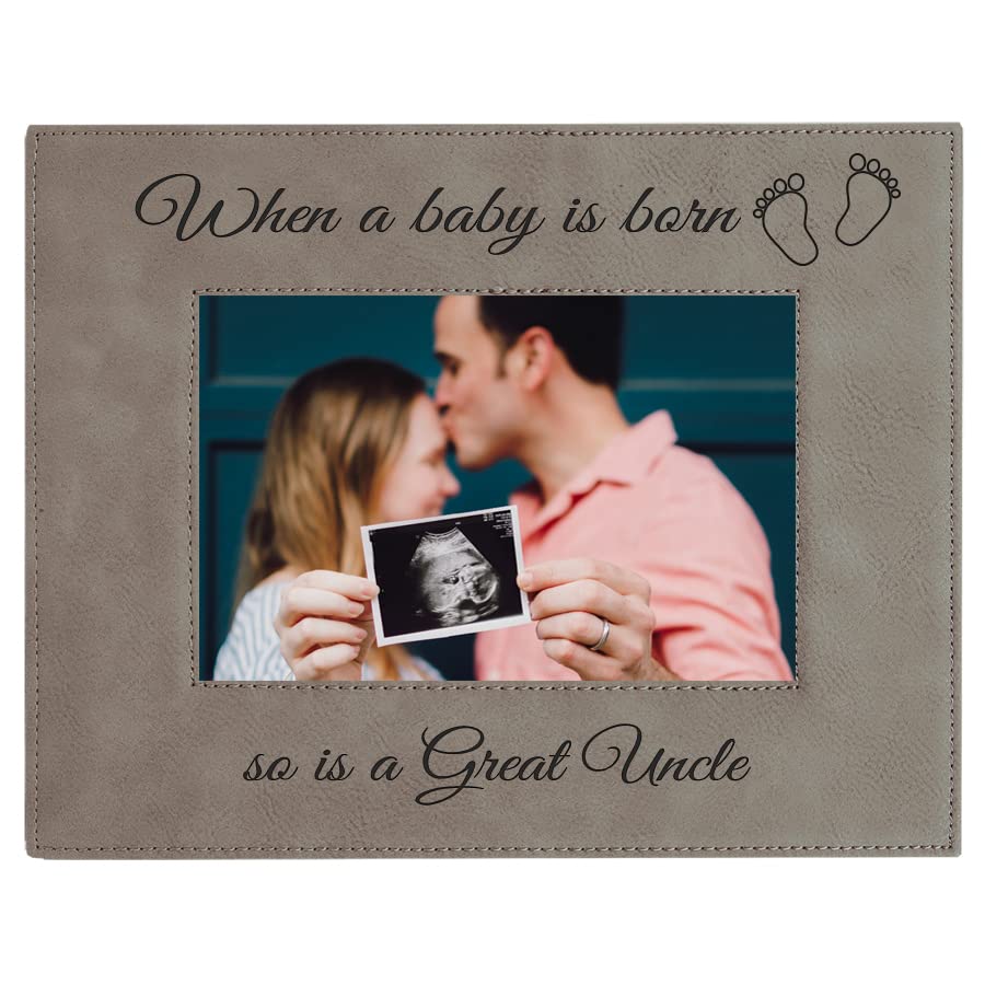 CustomGiftsNow When a Baby is Born so is a Great Uncle Laser Engarved Faux Leather Grey Leatherette Wall Hanging/Tabletop 8x10 Landscape Picture Group Family New Grandchild Baby Photo Frame - Main Image