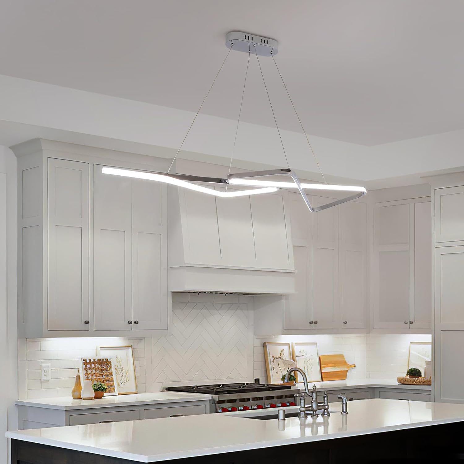 47.24 in Dimmable Modern LED Chandeliers for Dining Room - Adjustable Height Pendant Light Fixture Over Table, Contemporary Silver Chandelier Light Fixture (Chrome 47.24")