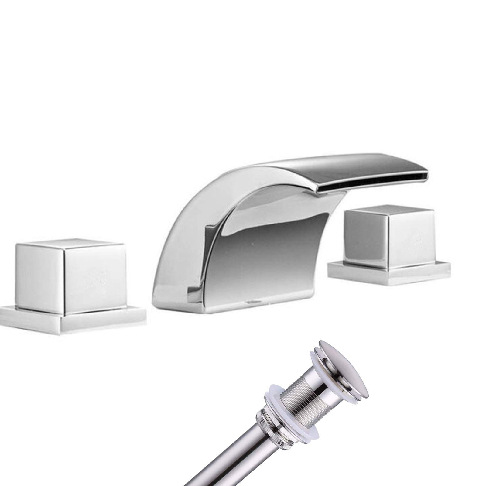 Gecious Chrome Waterfall Widespread Bathroom Sink Faucet with Hoses, Three Holes Square Two Handles Square Knobs, Basin Mixer Tap with Pop Up Drain Fit 8‘’-16‘’ Hole Distance