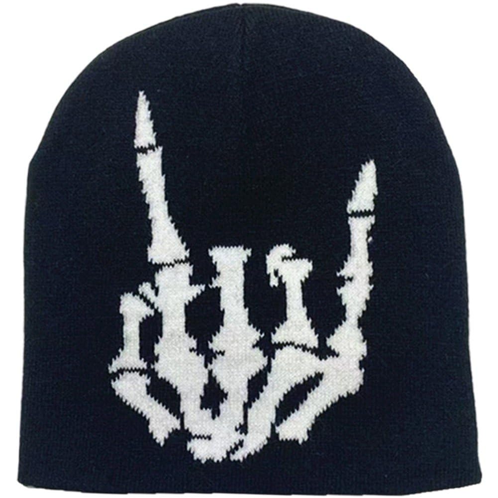 Ppmter Men's Black Halloween Skull Beanie For Wo Stretch Kint Winter Warm Hat Gothic Skeleton Hand Hat Skull Cap Hip Hop Knitted Cap