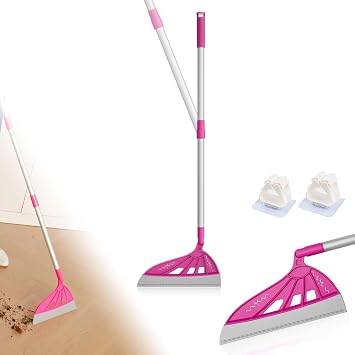 Magic Broom Household Silicone Broom, Multifunction Floor Squeegee with 2 Heads - Brush and Scrape, Magic Broom Sweeper with Extra-Long Adjustable Aluminum Handle for Floor, Glass, Tile Bright Pink