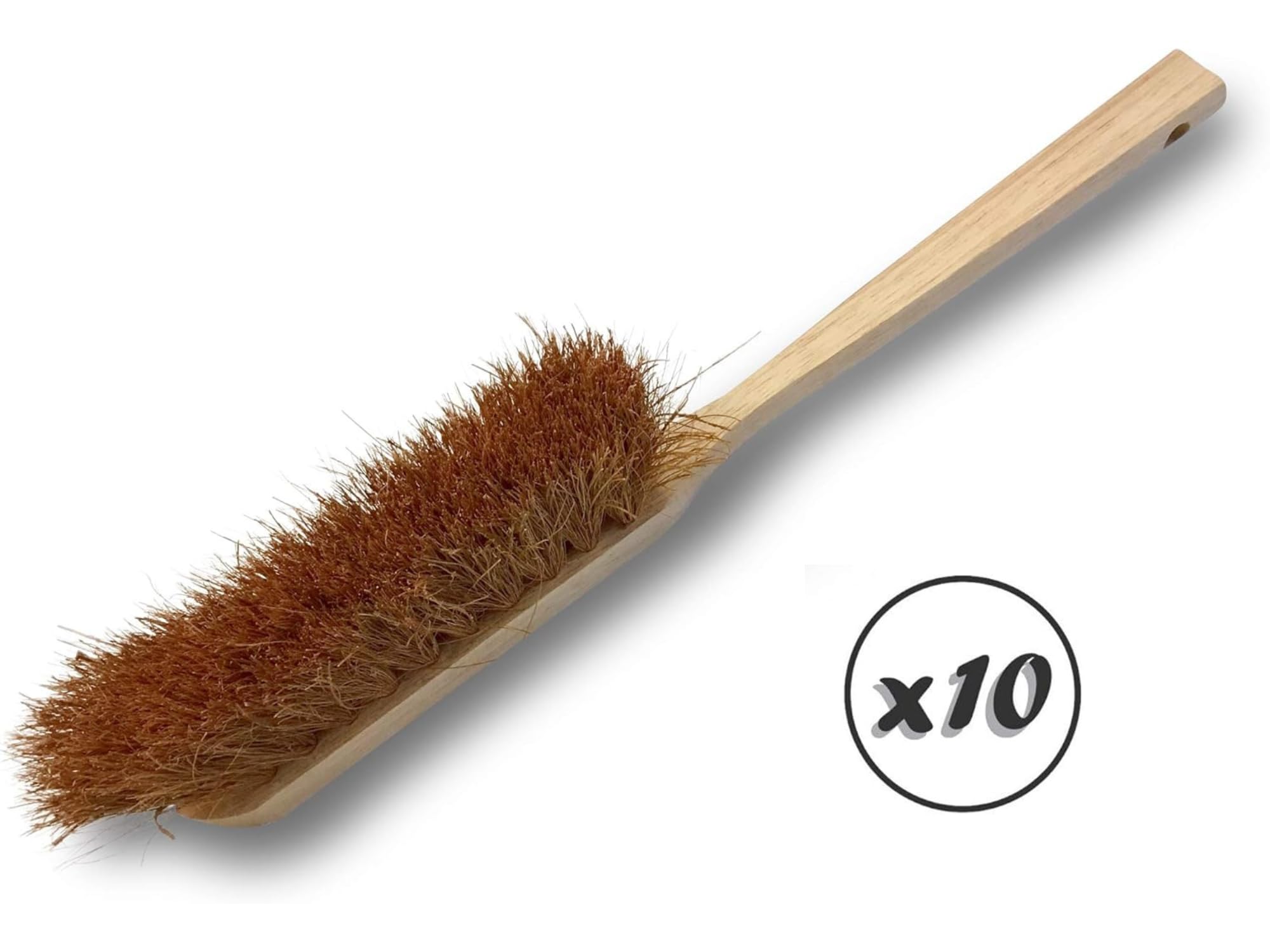 Cepillo de fibra de coco natural | Lote de 10 | Mango largo de madera | Longitud 45 cm | Polvo arena tierra yeso cemento cenizas chimeneas barbacoas | Kibros 820Mbx10
