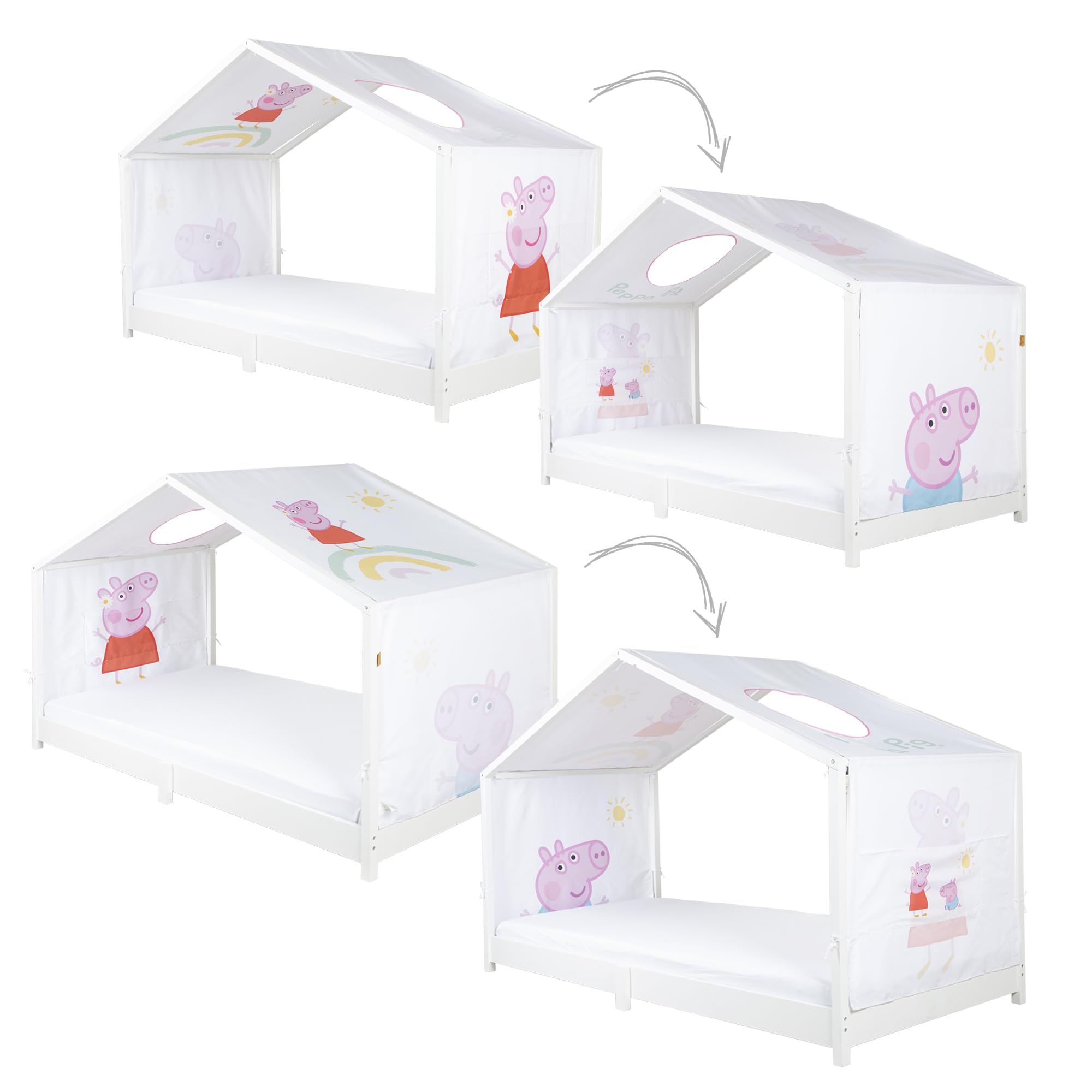Funda roba para camas Montessori tipo casita 90 x 200 cm con diseño Peppa Pig - Accesorio para convertirla en cama con dosel - Incluye 3 bolsillos y ventana en el techo