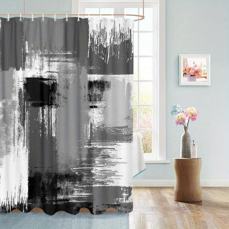 Rideau de douche abstrait gris et noir en polyester imperméable 160x230 cm pour salle de bain