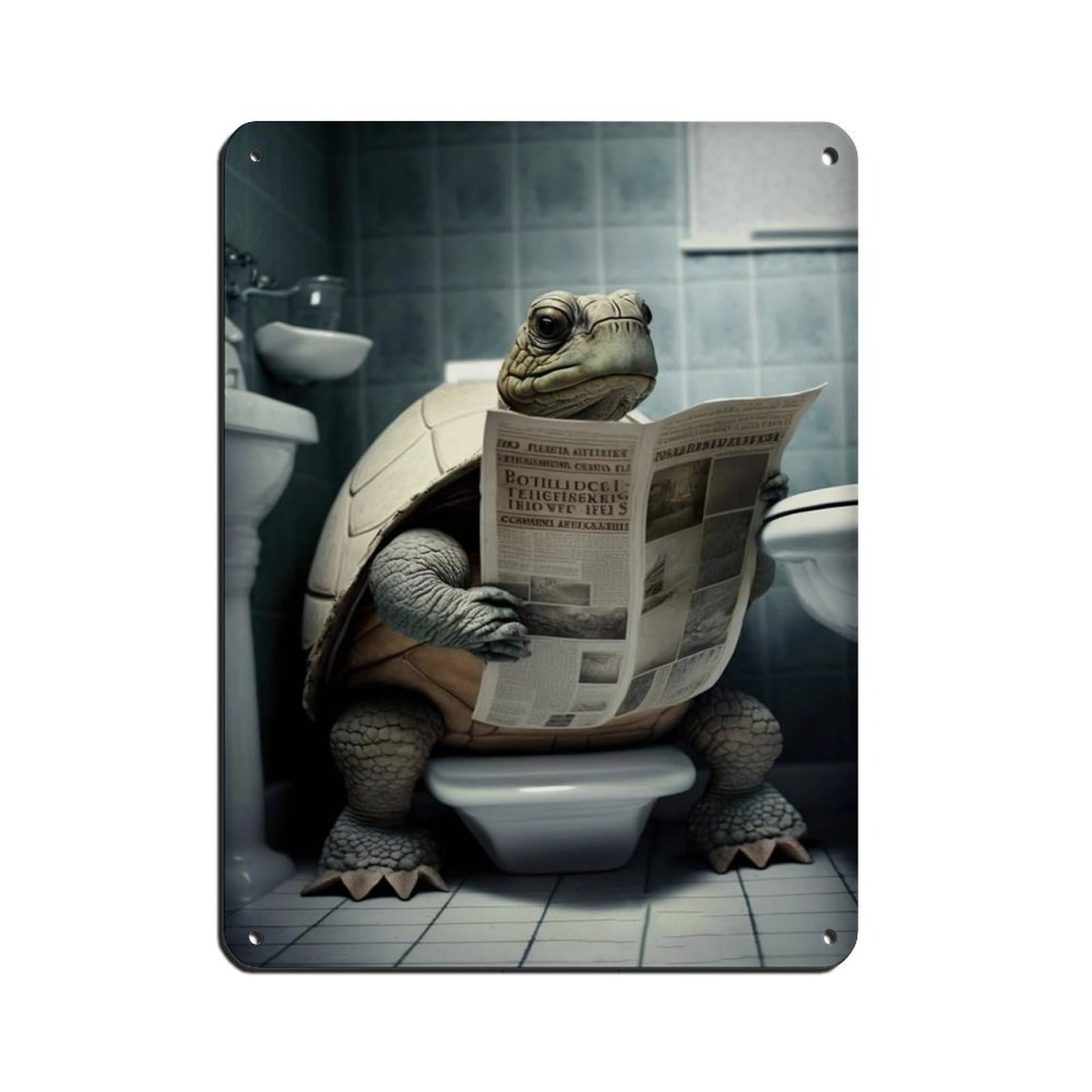 Tortoise Sitting on The Toilet Reading A Newspaper Tin Sign Vintage Metal Pub Club Cafe Bar Home Wall Art Decoration Poster Retro 12x16inch(30x40cm)