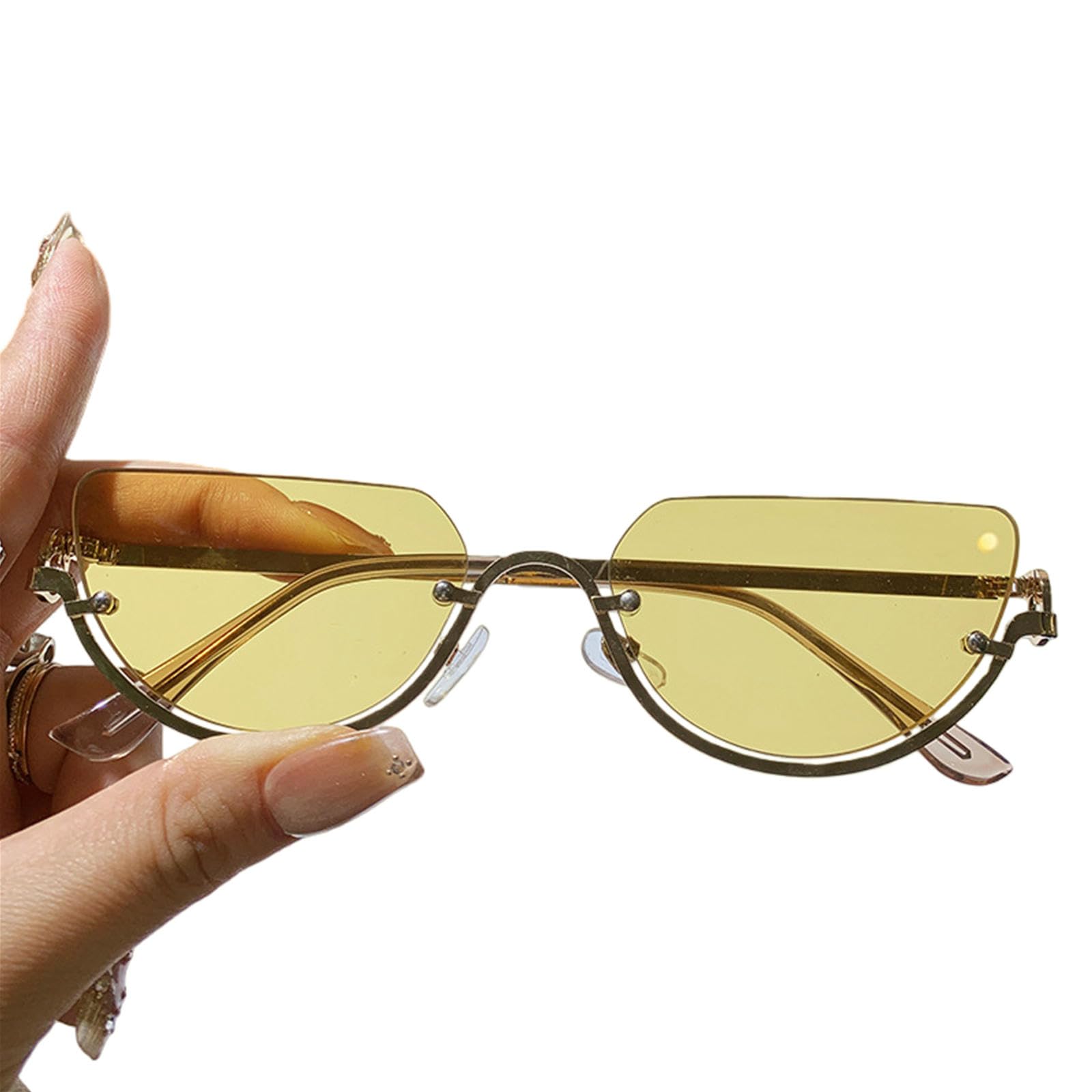 Gyios sunglasses Trendy Unique Semi-rimless Half Circle Rimless Women Men Luxury Metal Shades Glasses Eyewear-gold Frame Yellow Lens