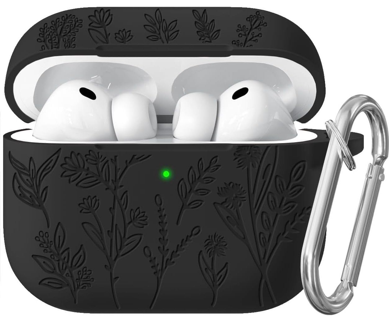 Meyaar Silicone Case for AirPods Pro 3 Floral Embossed, Flower Engraved Soft Silicone Cover with Keychain, Anti-Scratch, Shockproof Protective Case Cover (Black, for AirPods Pro 3 (2025))