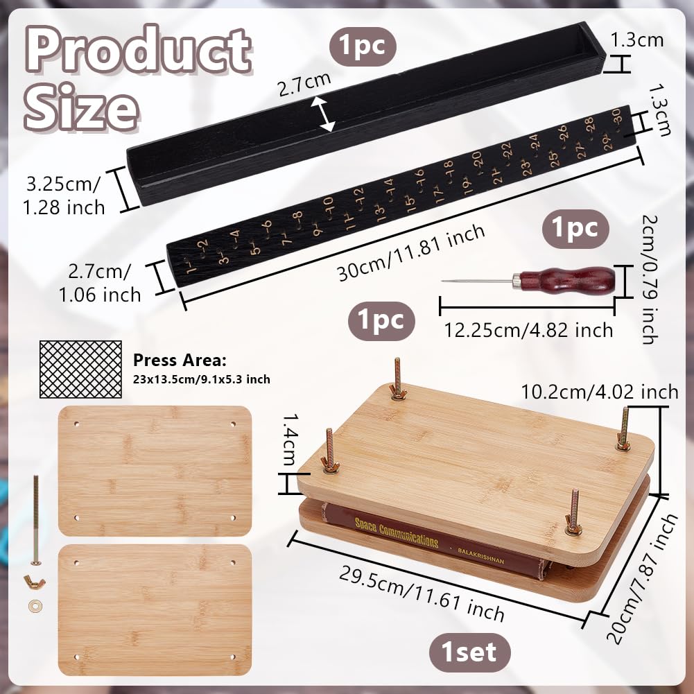 OLYCRAFT 3Pcs Kit d’outils de presse livre en bois 295x200mm reliure outil de poinçonnage Signature Guide Awl 304x32mm avec vis aiguille d’acier pour fournitures de reliure en papier