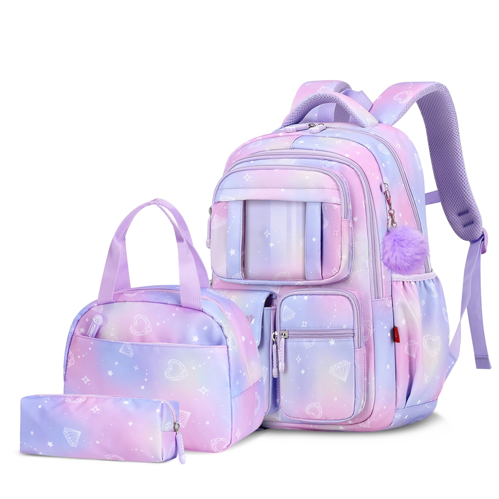 Tanou Set di Zaino Scuola Elementare Bambina alla Moda | 3 Pezzi Traspirante Zaini per Bambini con Borsa Termica e Astuccio, Kawaii Zaino Ragazza in Nylon con Ciondolo, Viola