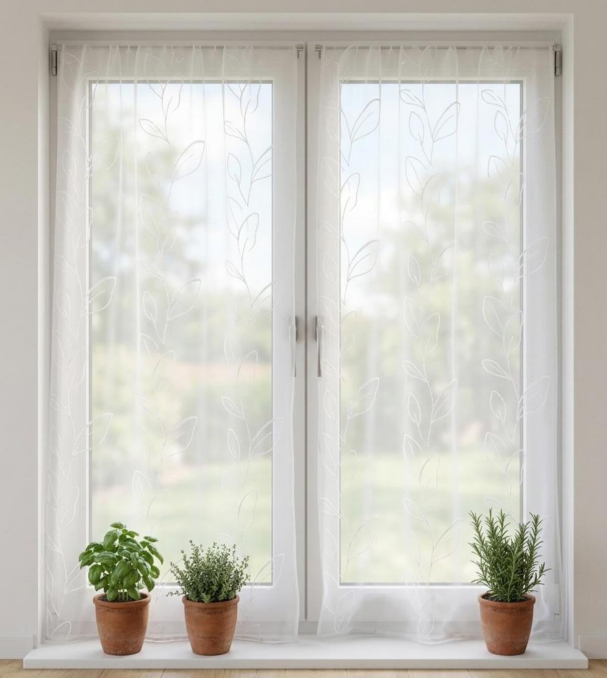 Visillos Efecto Lino Blanco Bordado para Ventana – Cocina, salón y Dormitorio – Anchos 45/70/90 cm – Altura Personalizable - Blanco 90x240 cm