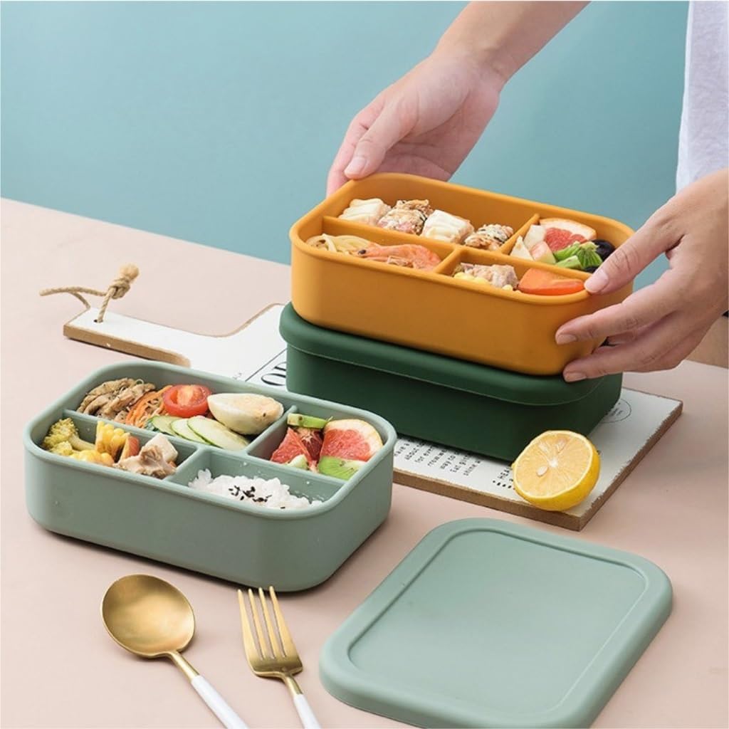 Frischhaltedosen Silikon-Vierfach-Crisper-Mikrowellen-Heizbox-Fach-Aufbewahrungsbox, Lange Box mit Deckel Organizer Kühlschrank (Color : Green, Size : F)