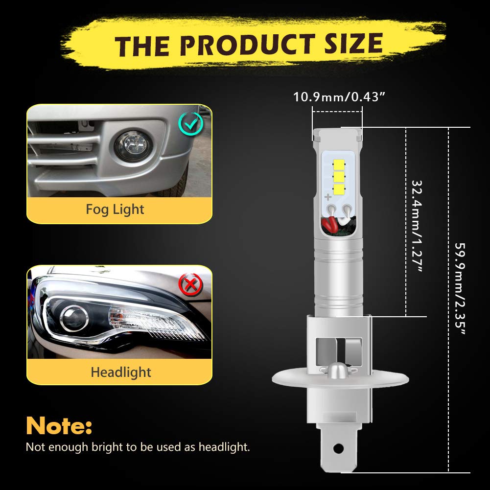 KATUR H1 Ampoule LED antibrouillard Max. 80W CSP Puces 1600 lumens 6500K Phare antibrouillard Blanc ou feu diurne DRL, Paquet de 2