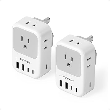 Type G Adapter for Travel 28W, TESSAN US to UK Plug Adapter with 4 Outlets 5 USB Ports 3 USB-C, Power Outlet Adaptor for USA to Ireland England London British Scotland Hong Kong Kenya, 2 Packs
