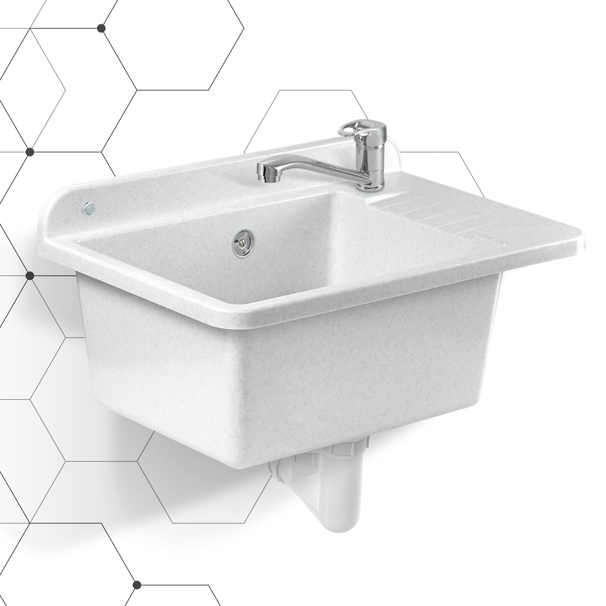 GOSPO Fregadero de polipropileno, 50,4 x 34 x 26,5 cm, fregadero con sifón y kit de montaje, lavabo, lavabo, lavabo, lavabo (blanco)
