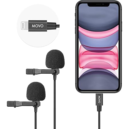 Movo iLav-DUO Dual Digital Lavalier Omnidirectional Clip on Microphone with MFi Certified Lightning Adapter - Lapel Mic Compatible with iPhone, iPad, and Other iOS Devices - Great Interview Microphone