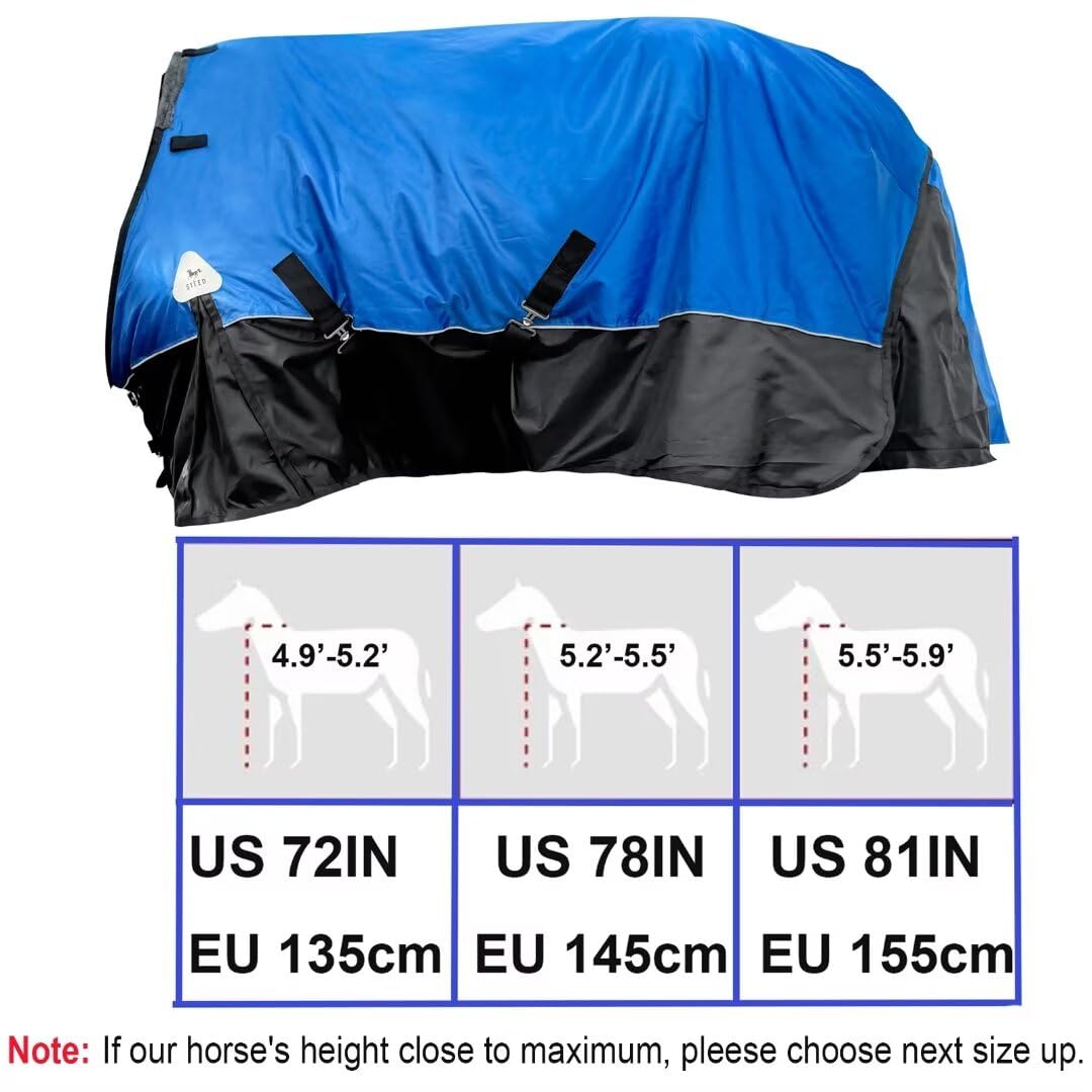 Manta para caballos, sábana gruesa impermeable con cubierta de cuello desmontable, exterior de nailon 1600D, relleno pesado de 400 g, azul (EE. UU. 81 pulgadas (UE 155 cm)