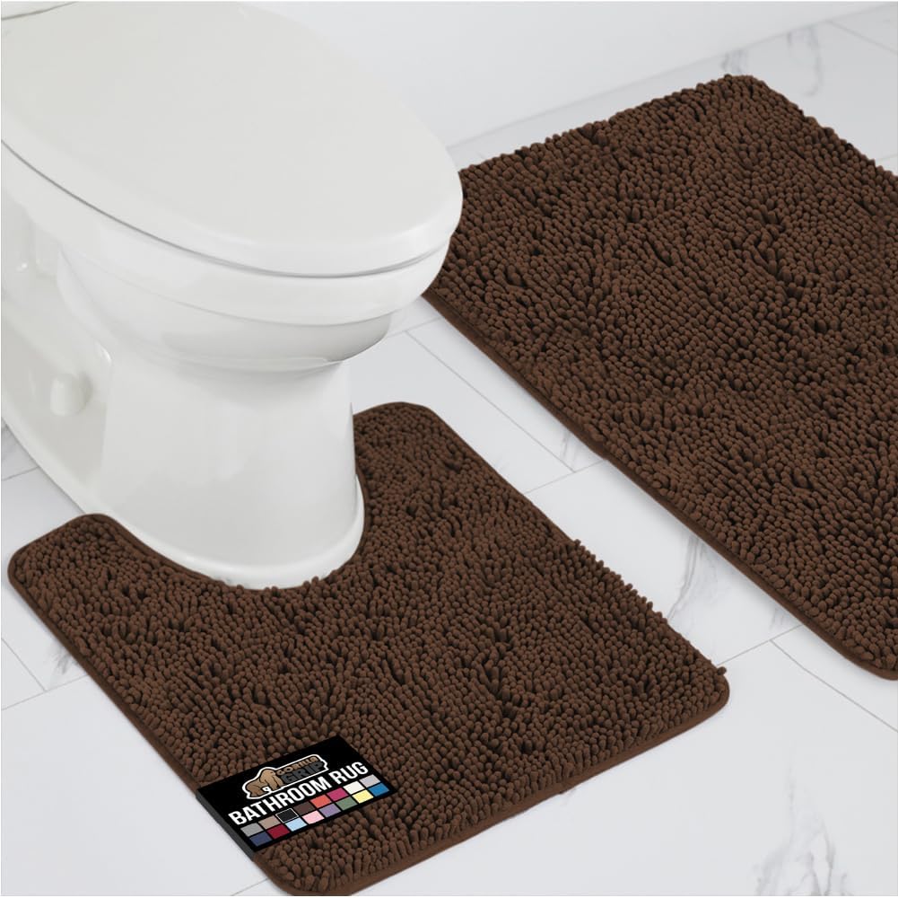 GORILLA GRIP Bathroom Rug Sets, Soft Chenille 2 Piece Area Rugs Set, Toilet Base Mat and 30x20 Carpet, Absorbent Microfiber Washable Mats Dry Quickly, Home Decor and Bath Room Accessories, Brown
