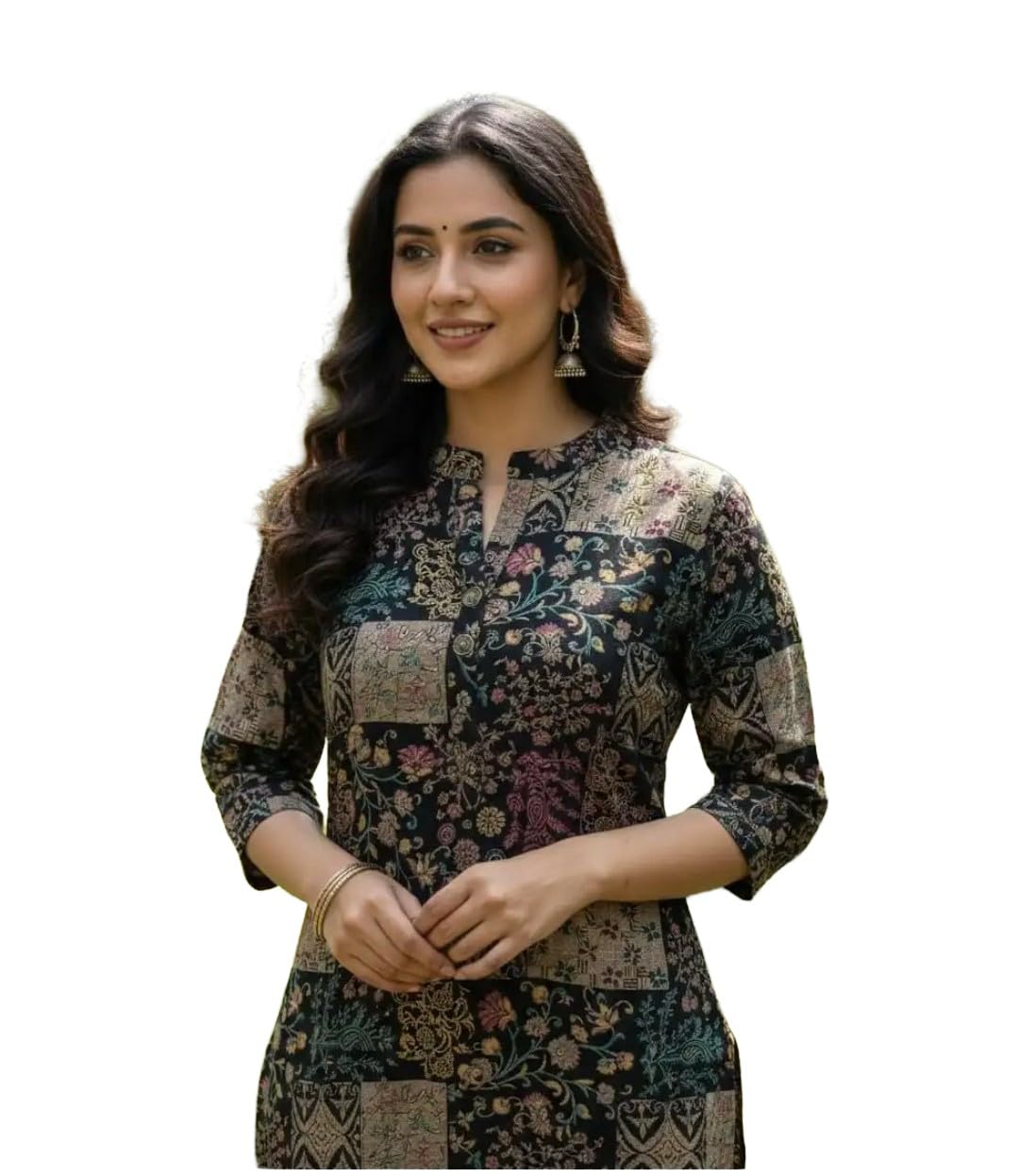 Women Printed Straight Kurti with 3/4th Sleeves Black