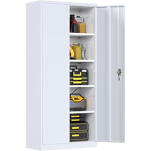 Metal Cabinet,Garage Storage Cabinet with 4 Adjustable Shelves,71”Steel Garage Cabinet,Locking Tool Cabinets for Garage,Home,Office,Gym,School(White)