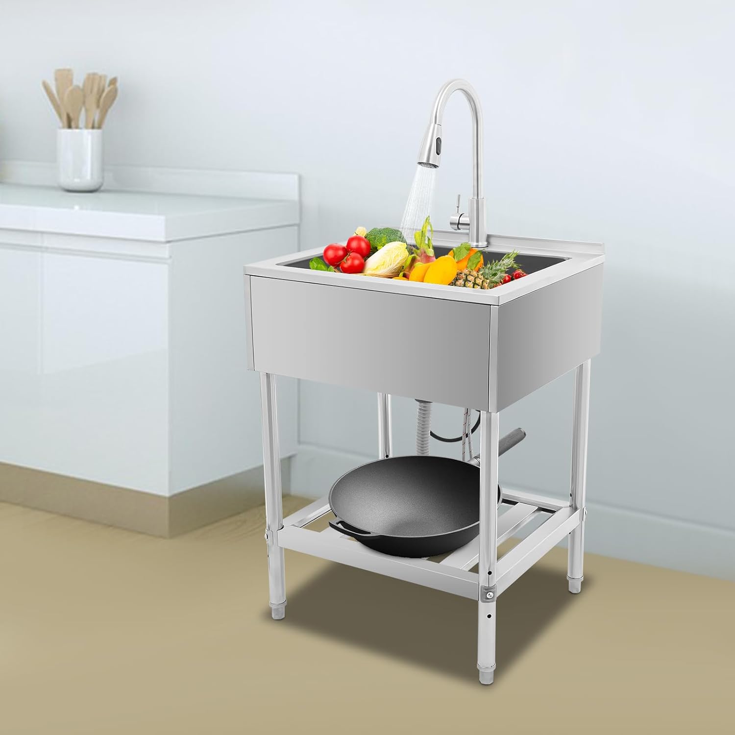 Single Bowl Laundry Tub, Freestanding Utility Sink with Stainless Steel Faucet & Drain Kit, Hot/Cold Water Plumbing for Laundry Room, Garage, Bathroom