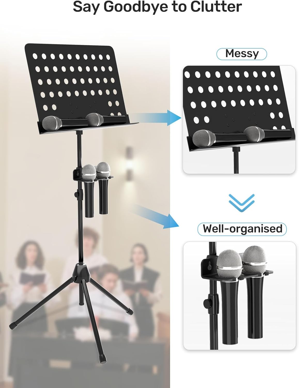 Multi Microphone Holder with Clamp (Aluminum/Rubber), Mount on Mic Stand & Desk Edge & Wall, Hold Up to 2 Wired/Wireless Handheld Mics, Ideal for Church, Street Performance, Home Studio, Karaoke