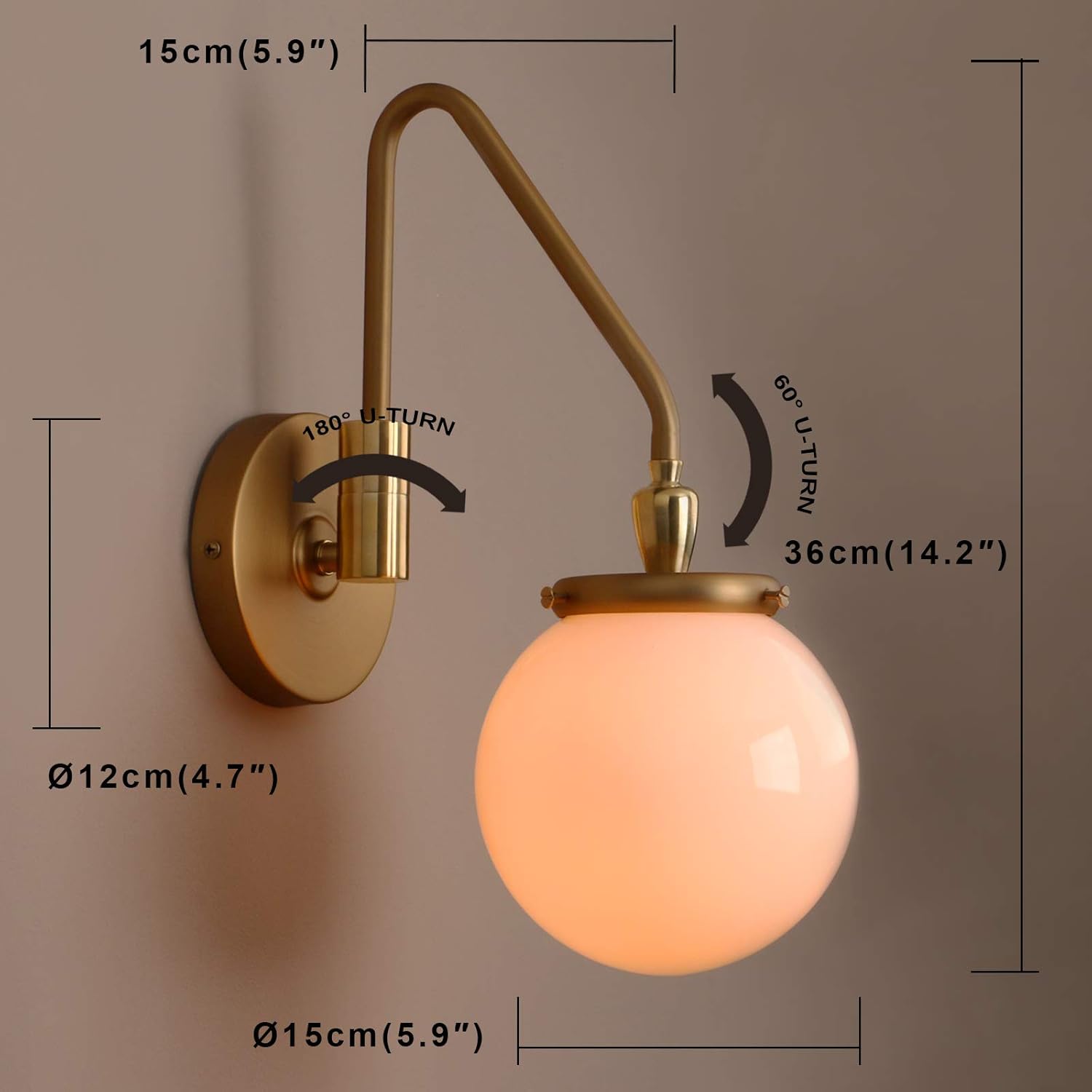 Pathson Vintage Hardwired Wall Sconce Lighting Milk White Globe, Adjustable Swing Arm Bedside Wall Lamp E26 Base, Wall Light Fixture for Bathroom Bedroom Living Room (Antique)