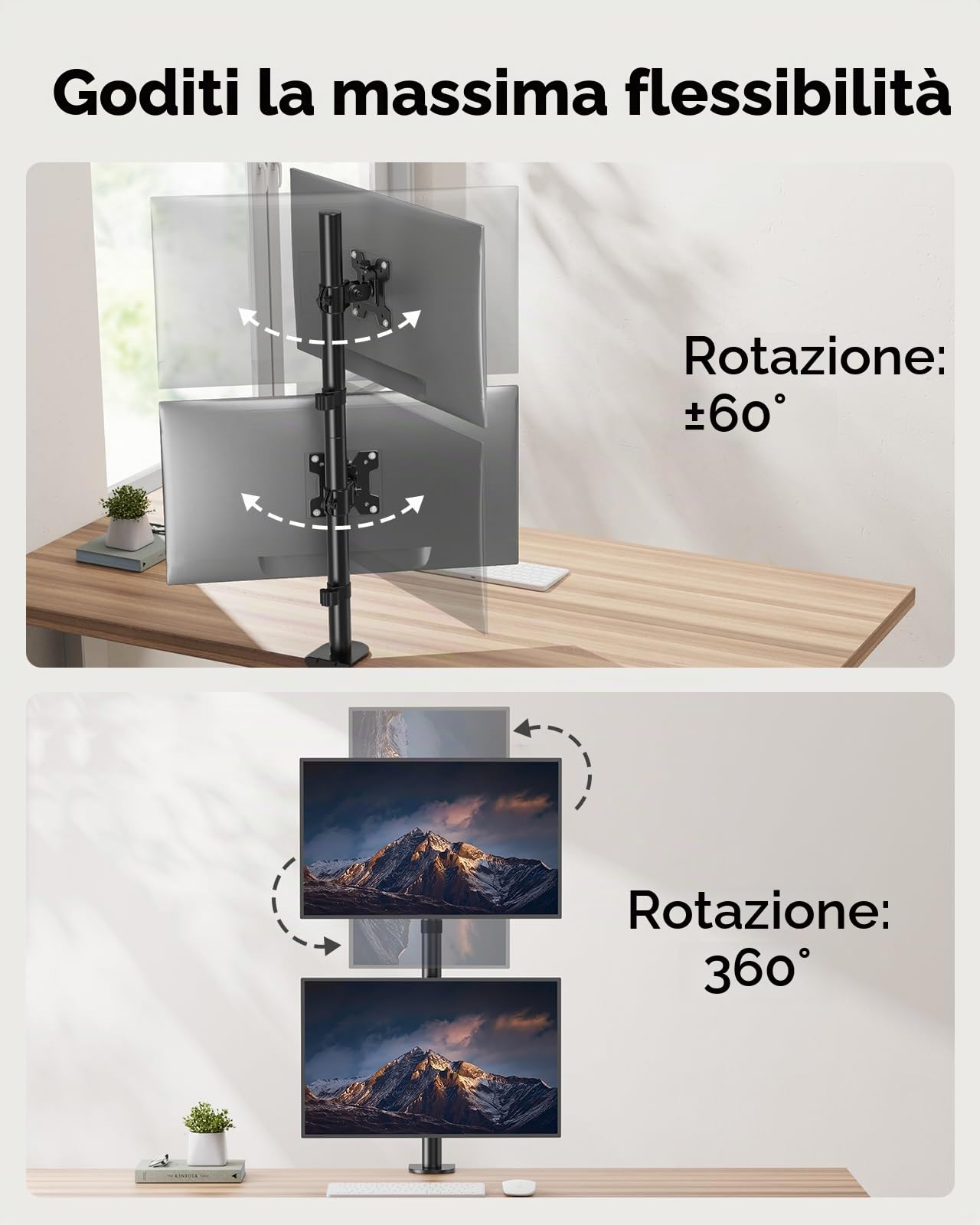 HUANUO Supporto verticale per doppio monitor, supporto per monitor impilato per 2 monitor con regolazione dell'altezza Braccio per monitor del computer supporta due da 17 a 32 pollici con morsetto a