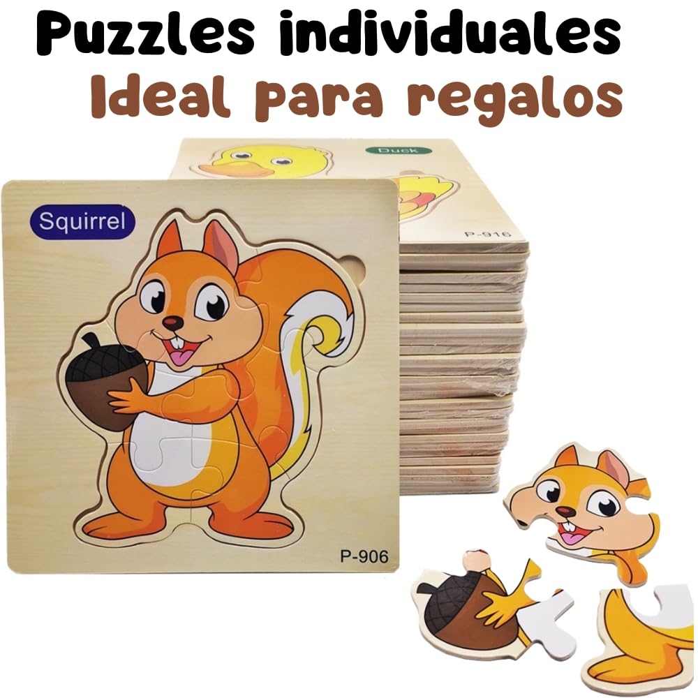 16 PCS Puzzle Madera Niños y Niñas 1, 2 años y 3, Detalles para Cumpleaños Infantiles y Guardería, Juguetes Montessori Educativos, Regalos Originales, Puzzles de Madera con Animales (16 Puzzles)