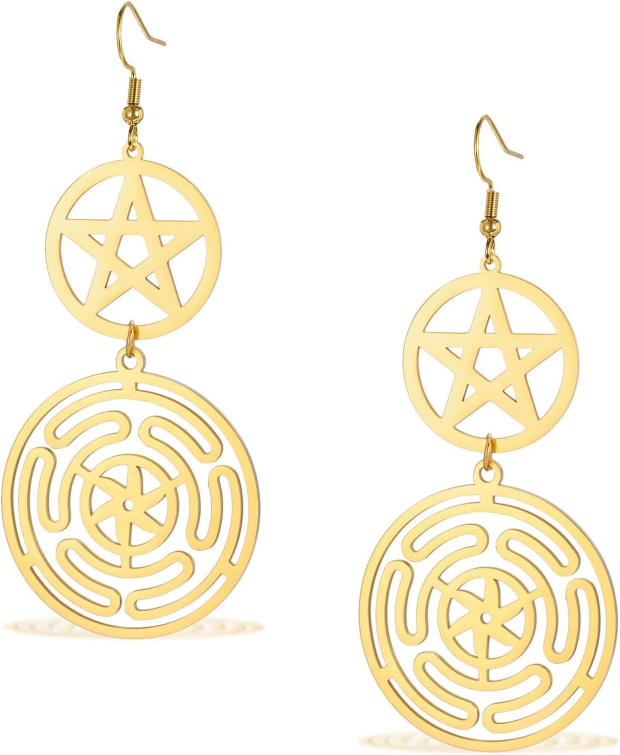 WOMGKDA Hecate Wheel Wiccan Pentagram Dangle Earrings Stainless Steel Goddess Sigil of Lilith Jewelry for Women, gold hecate earrings