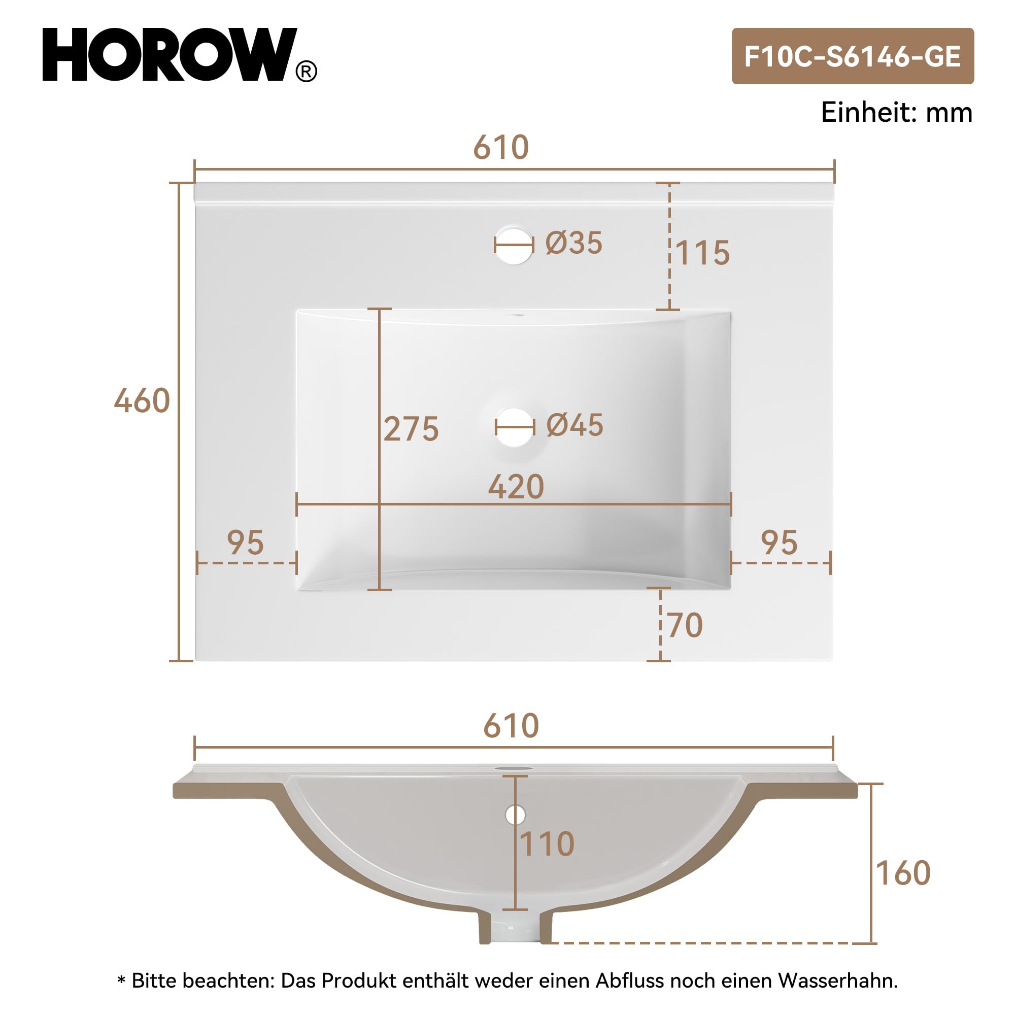 HOROW Lavabo da incasso angolare, lavabo in ceramica da 60 cm di larghezza - Bianco, lavabo soprapiano per mobile sotto, con troppopieno - Ideale per WC per gli ospiti e piccoli bagni