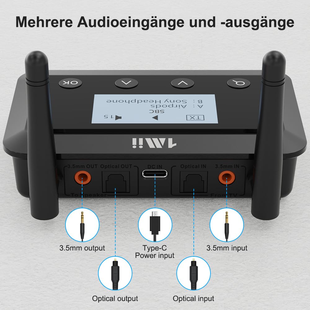 1Mii B03+ Bluetooth 5.3 Transmitter Empfänger für TV und Stereoanlage, Audio Adapter mit Display, Große Reichweite, aptX Low Latency HD Adaptive, Optisch Cinch 3,5 mm AUX