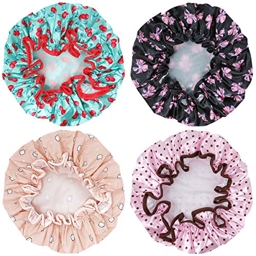 Wrapables® Stylish Double Layer Waterproof Shower Caps (Set Of 4), Dots, Cherries & Kitties #TOP1