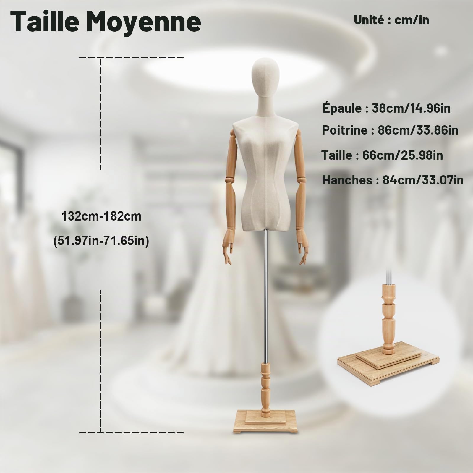 Mannequin de Couture, avec Mechanical Bras et Des Doigts Réglable en Hauteur Mannequin Femme Buste, avec Socle en Bois pour Vitrine, Présentoir à vêtements, Exposition, Blanc ( Taille : Medium-Women )